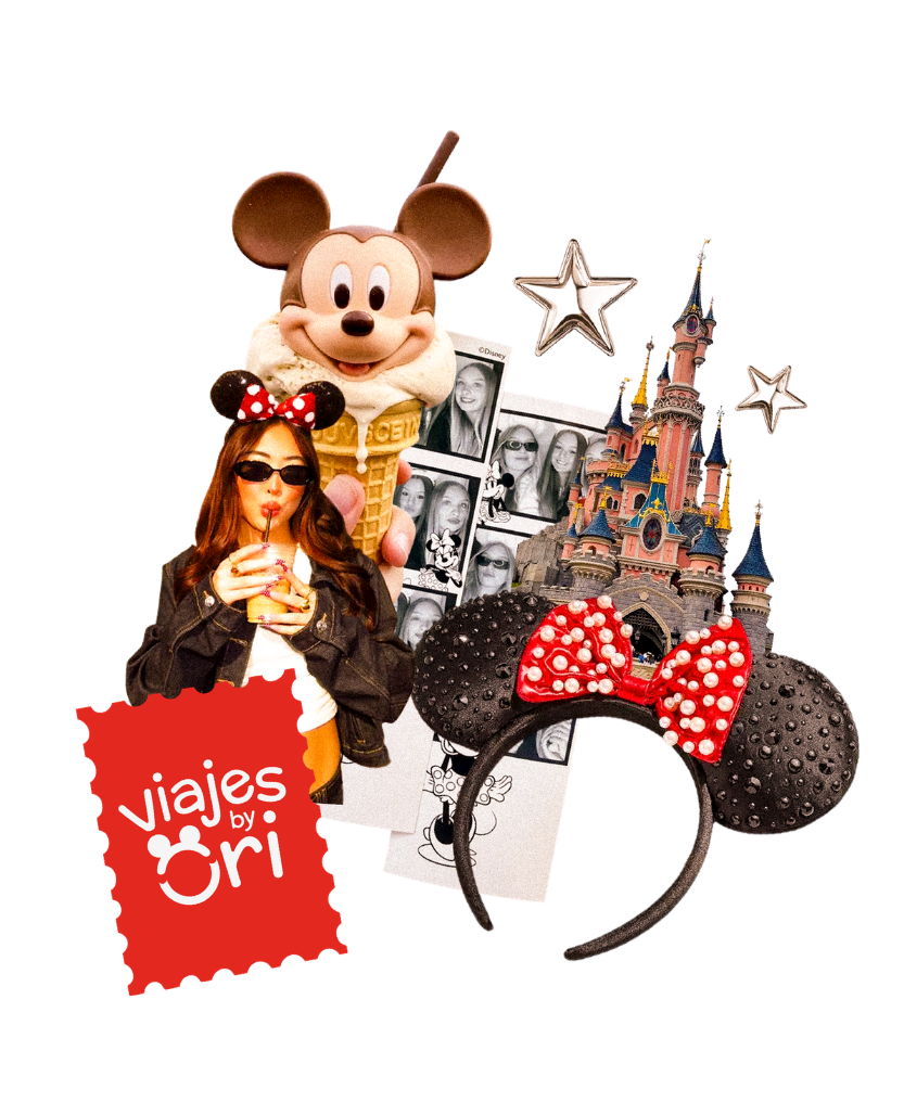 Composición visual de Viajes by Ori para salidas grupales a Disney, incluyendo el Castillo, un helado de Mickey y viajeros.